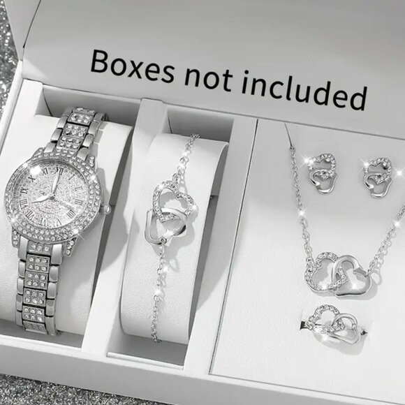 Brand New 6pc Silver Watch Necklace, Bracelet, Earrings & Ring Size 7.5 - Picture 1 of 6